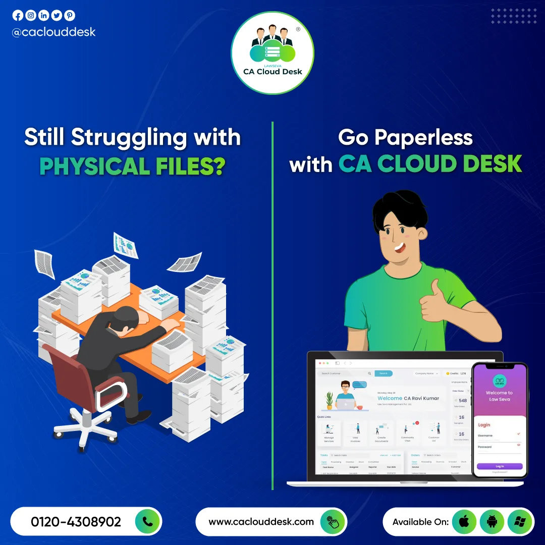 A man overwhelmed by physical files on the left; a confident man with CA Cloud Desk digital dashboard on computer and phone on the right.